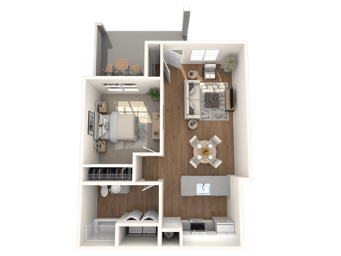 Floor plan for 1 bed, 1 bath, 685 sqft